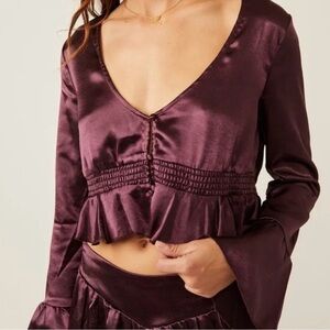 Free People Chasing Love Satin Ruffle Crop Top Smocked Waist Size L Purple Plum